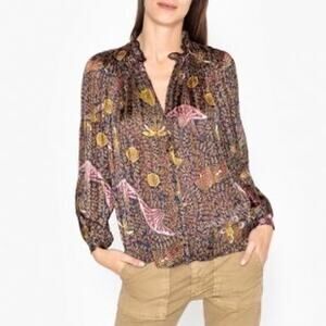 BA&SH Danila Long-Sleeve Printed Ruffle Blouse In Marine Sheer Floral Sz 0 / XS